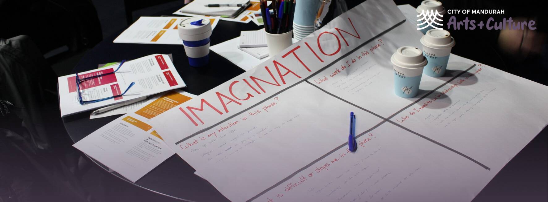 Table covered with workshop materials, including large sheets of paper labeled ‘IMAGINATION’ and several pens and cups